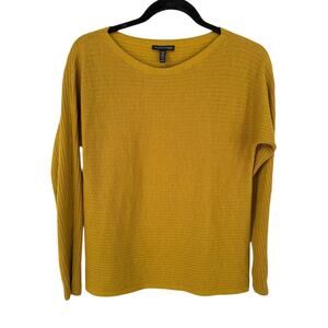 Eileen FIsher XS / TP Mustard Golden Ribbed LS 100% Wool Round Neck Sweater